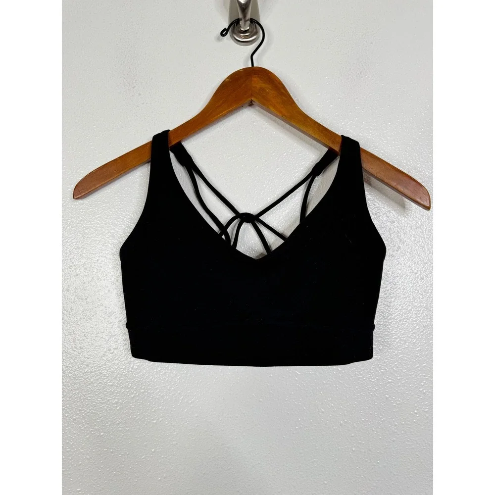Athleta Black Strappy Caged Back V-Neck Sports Bra Yoga Gym Workout Top